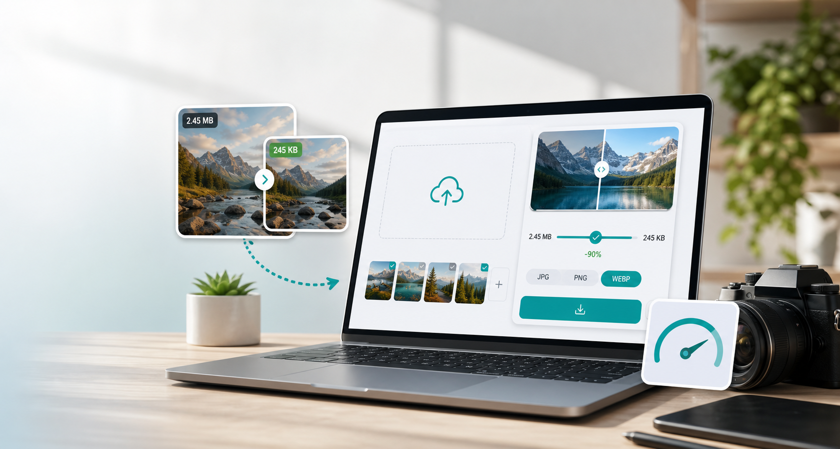 Modern image compression dashboard with before and after image previews